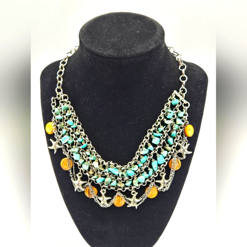 Vintage Chain Bib Necklace Silver Tone Star Fish Charms Faux Turquise Stone